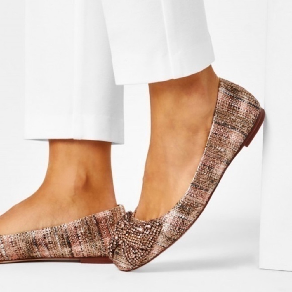 ✅ Tory Burch Flats Crystal Bow Tweed in Metallic Rose Gold Pink